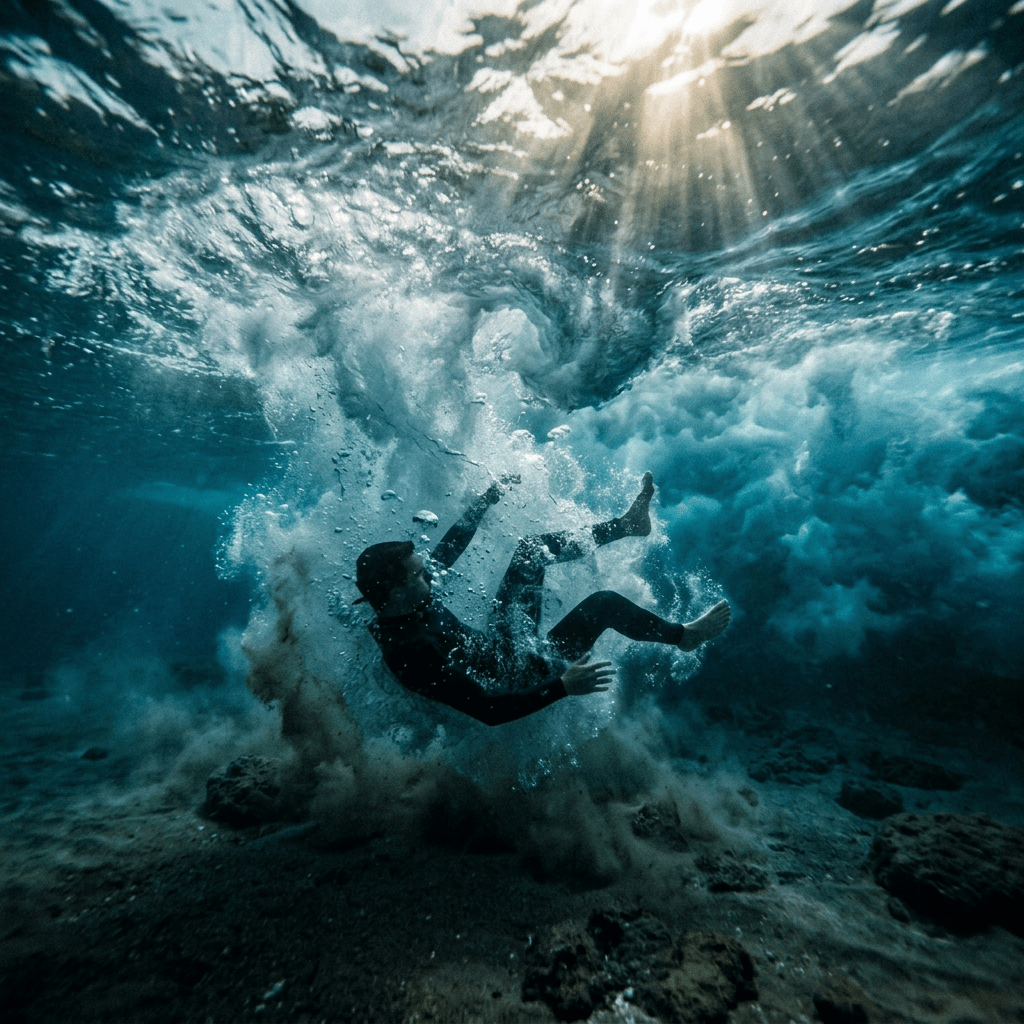 Surfer underwater surrounded by bubbles and sand stirred up from ocean floor